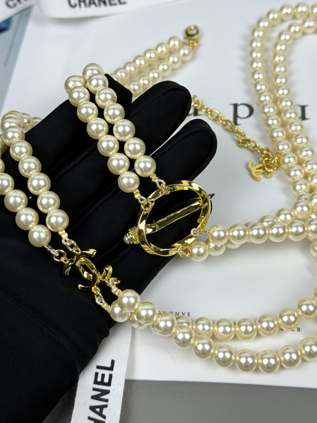 [⭐Reverie Jewels]25K Pencil Double C Double-Layer Pearl Sweater Chain