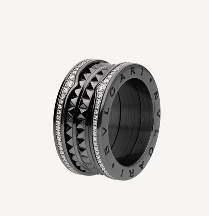 [⭐Reverie Jewels]ZERO 1 ROCK FOUR-BAND BLACK CERAMIC WITH STUDDED SPIRAL AND PAVED DIAMONDS RING