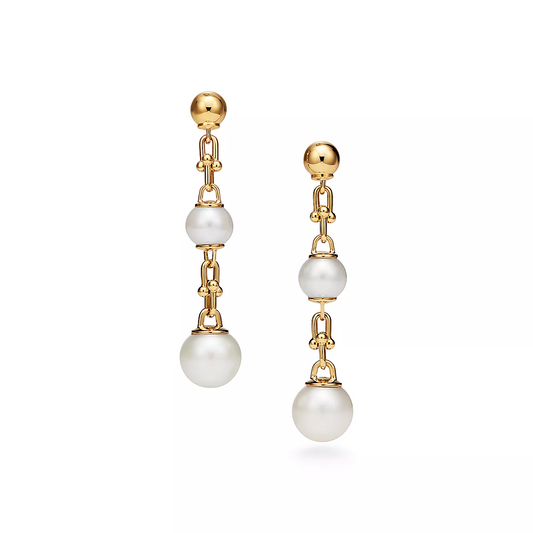 [Reverie Jewels]TRIPLE DROP LINK EARRINGS GOLD WITH FRESHWATER PEARLS