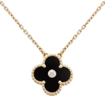 [⭐Reverie Jewels]CLOVER 15MM DIAMOND ONYX NECKLACE