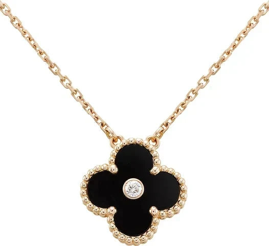[⭐Reverie Jewels]CLOVER 15MM DIAMOND ONYX NECKLACE