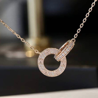 [⭐Reverie Jewels]LOVE 7.6MM NECKLACE ROSE GOLD AND SILVER  FULL DIAMOND