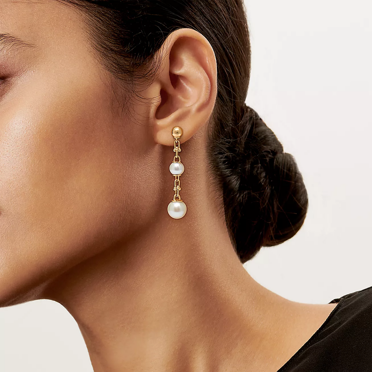 [Reverie Jewels]TRIPLE DROP LINK EARRINGS GOLD WITH FRESHWATER PEARLS