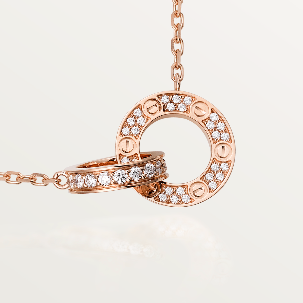 [⭐Reverie Jewels]LOVE 7.6MM NECKLACE ROSE GOLD AND SILVER  FULL DIAMOND