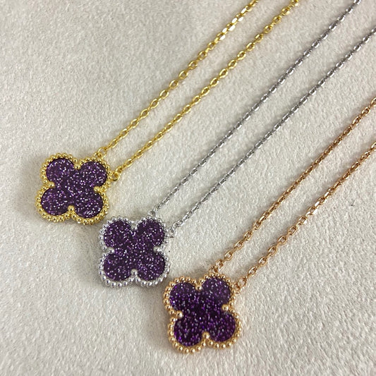 [⭐Reverie Jewels]NEW 15MM PURPLE SAND-GOLD FOUR-LEAF CLOVER NECKLACE