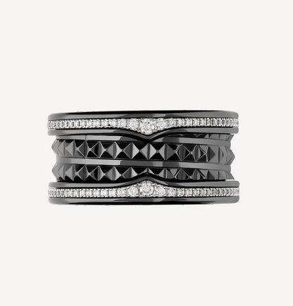 [⭐Reverie Jewels]ZERO 1 ROCK FOUR-BAND BLACK CERAMIC WITH STUDDED SPIRAL AND PAVED DIAMONDS RING