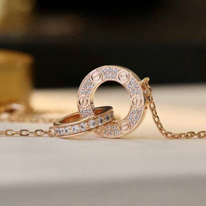 [⭐Reverie Jewels]LOVE 7.6MM NECKLACE ROSE GOLD AND SILVER  FULL DIAMOND