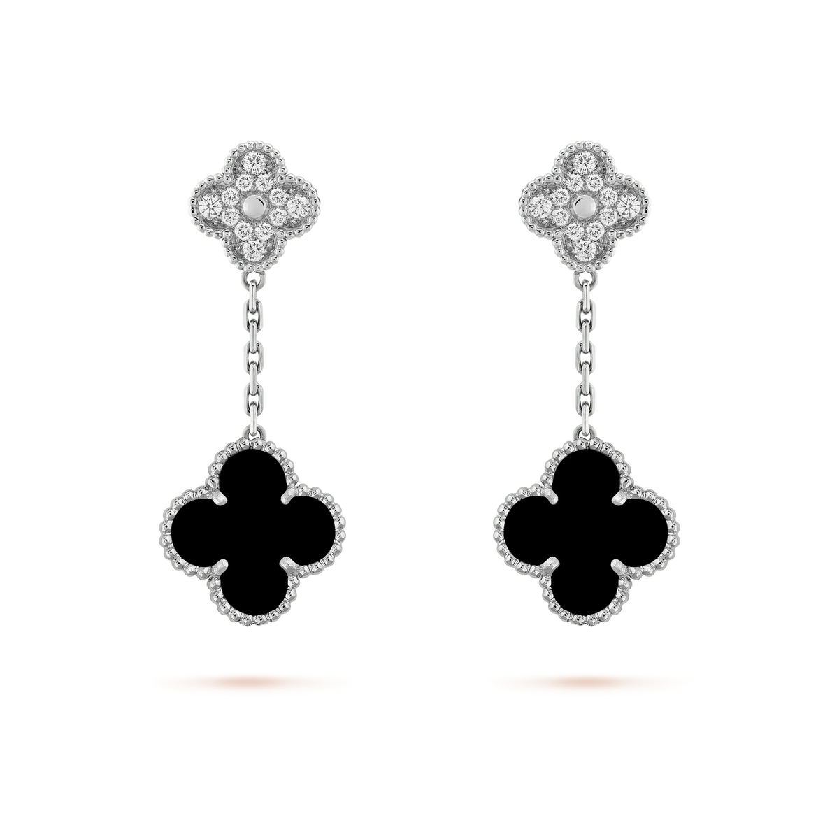 [⭐Reverie Jewels]CLOVER 2 MOTIFS  DIAMOND ONYX EARRINGS SILVER