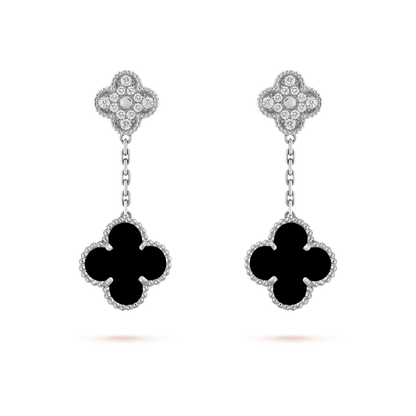 [⭐Reverie Jewels]CLOVER 2 MOTIFS  DIAMOND ONYX EARRINGS SILVER