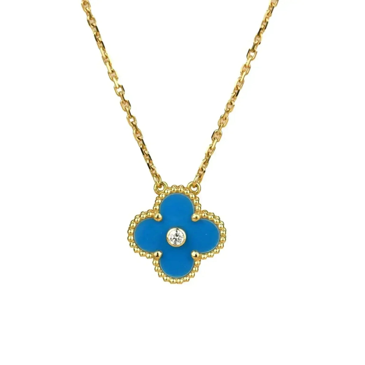 [⭐Reverie Jewels]CLOVER 15MM DIAMOND AND BLUE AGATE NECKLACE