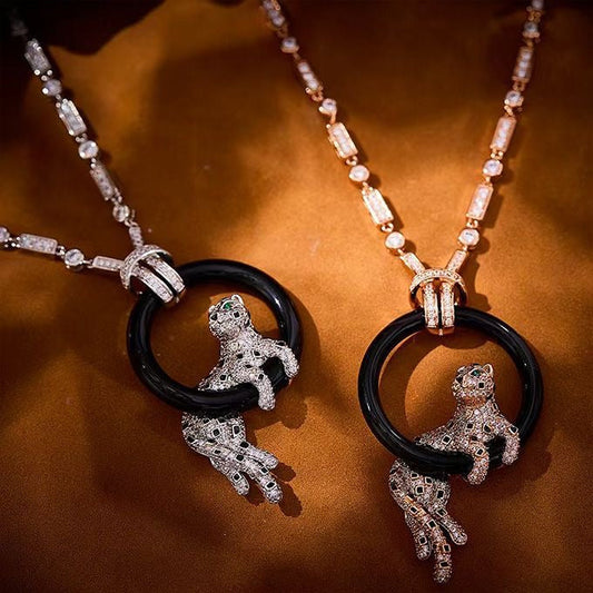 [⭐Reverie Jewels jewelrys]NEW BLACK CIRCLE PANTHER FULL DIAMOND NECKLACE