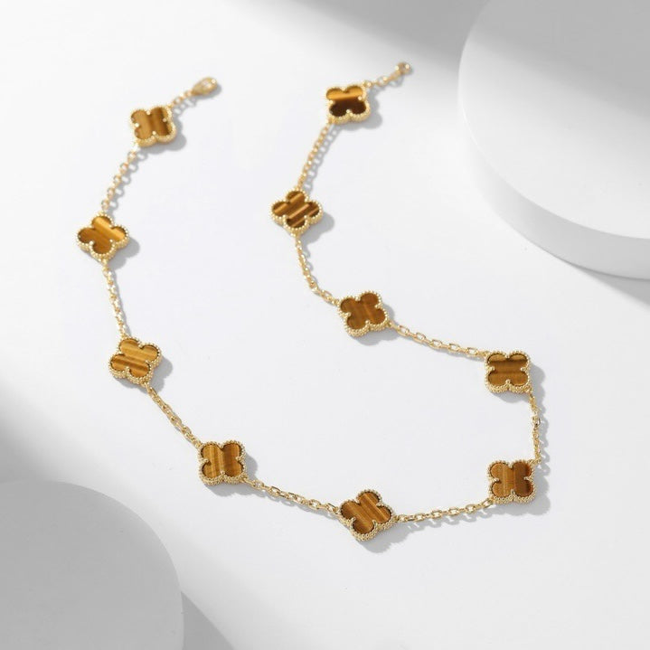 [⭐Reverie Jewels]CLOVER 10 MOTIFS TIGER EYE NECKLACE