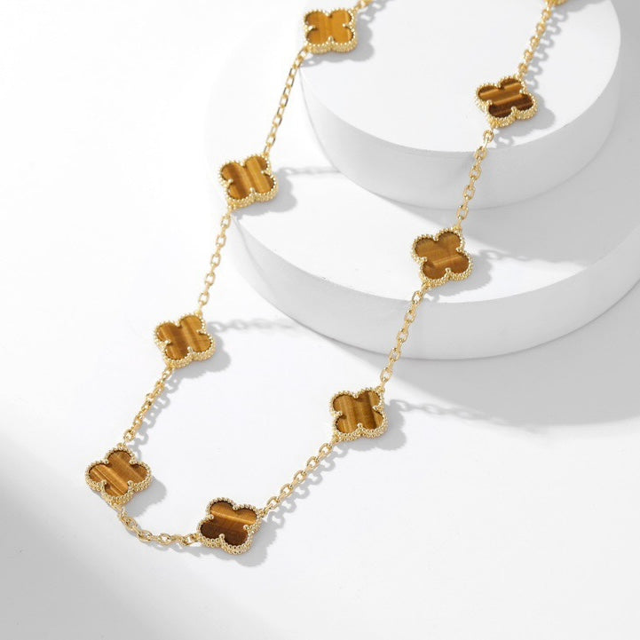 [⭐Reverie Jewels]CLOVER 10 MOTIFS TIGER EYE NECKLACE