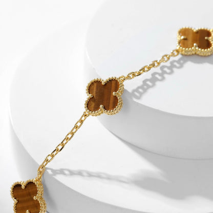 [⭐Reverie Jewels]CLOVER 10 MOTIFS TIGER EYE NECKLACE