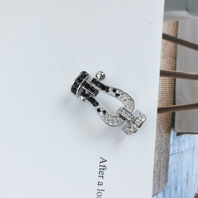 [⭐Reverie Jewels]FORCE LARGE HORSESHOE BLACK WHITE DIAMOND BRACELET SILVER