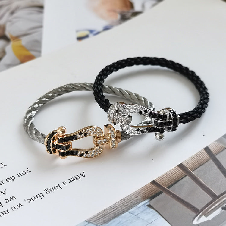 [⭐Reverie Jewels]FORCE LARGE HORSESHOE BLACK WHITE DIAMOND BRACELET ROSE GOLD