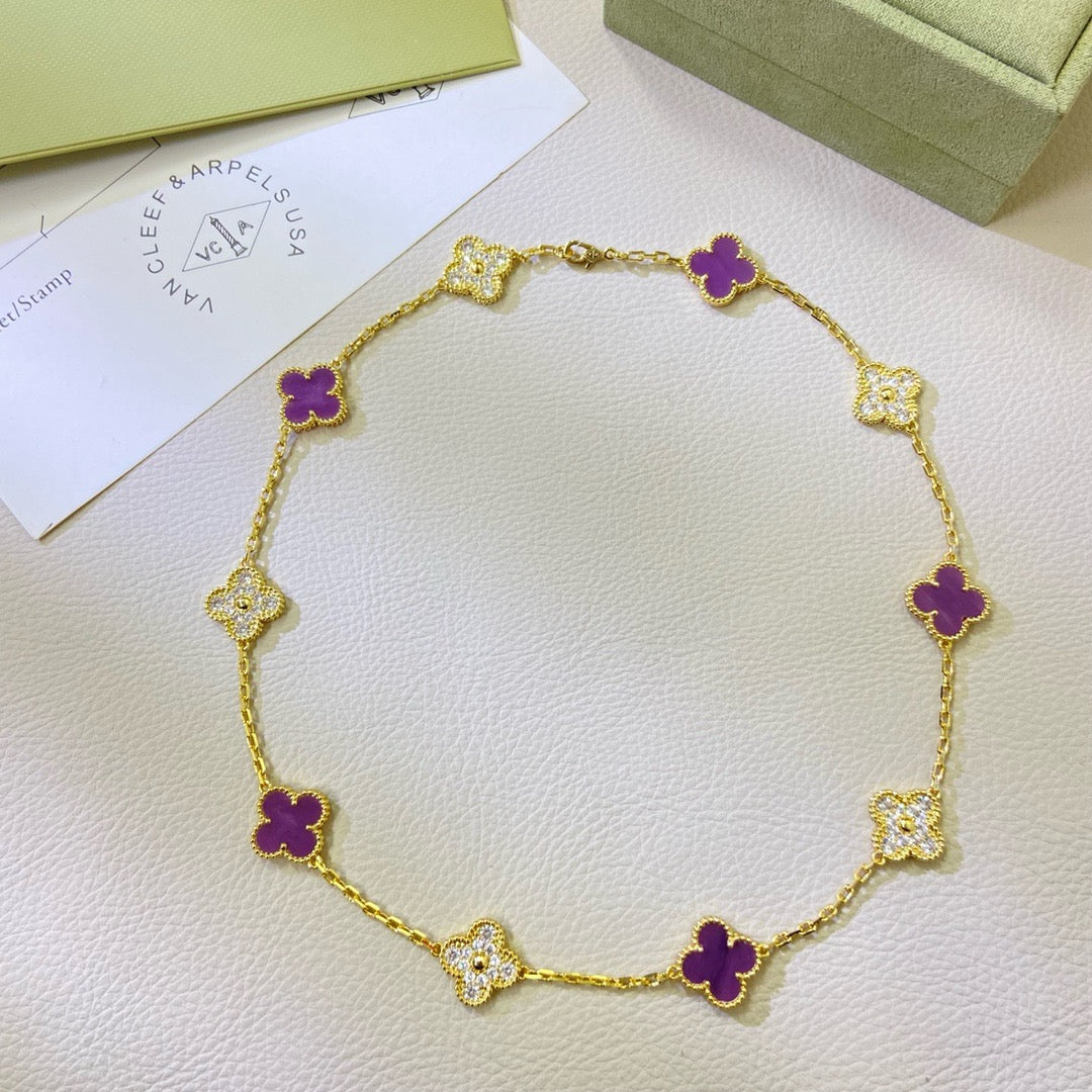[⭐Reverie Jewels Jewelry]CLOVER 10 MOTIFS  PURPLE VIOLET DIAMOND NECKLACE