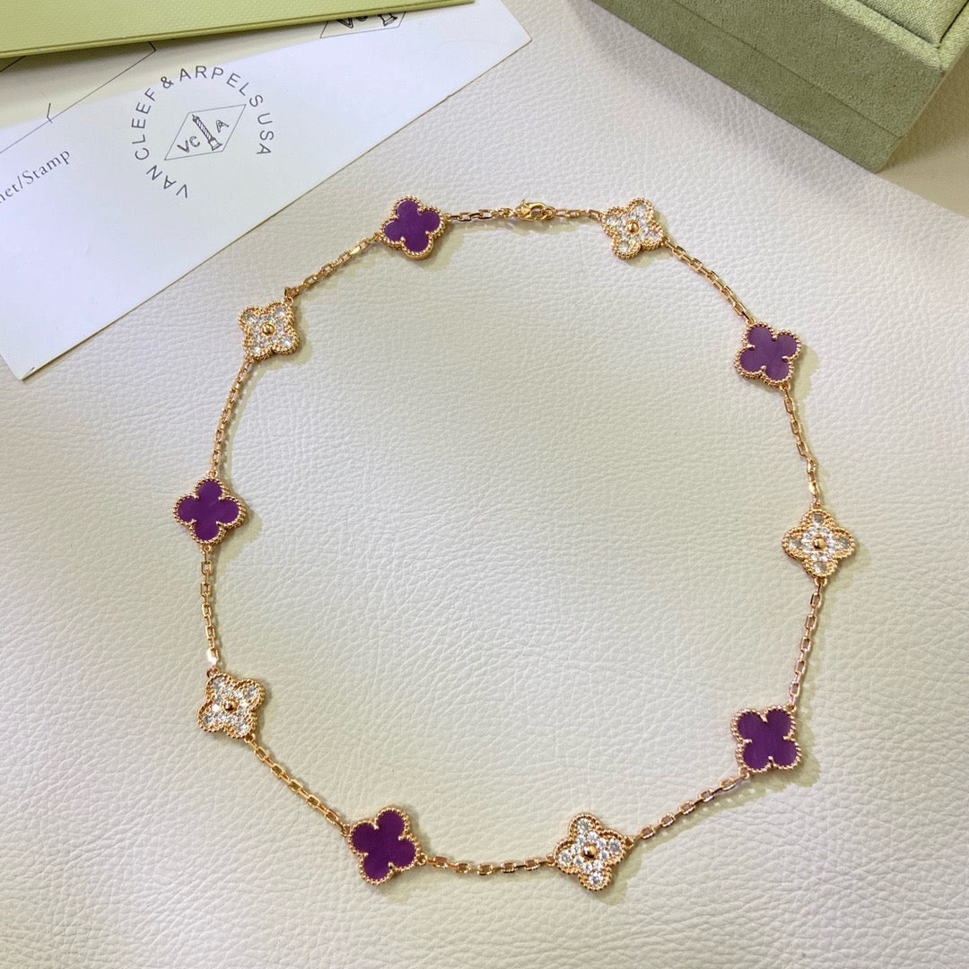 [⭐Reverie Jewels Jewelry]CLOVER 10 MOTIFS  PURPLE VIOLET DIAMOND NECKLACE