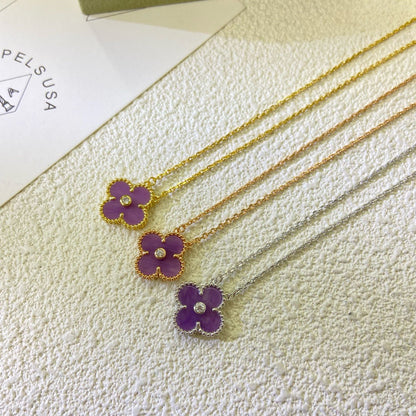 [⭐Reverie Jewels Jewelry]CLOVER 15MM DIAMOND  PURPLE VIOLET NECKLACE