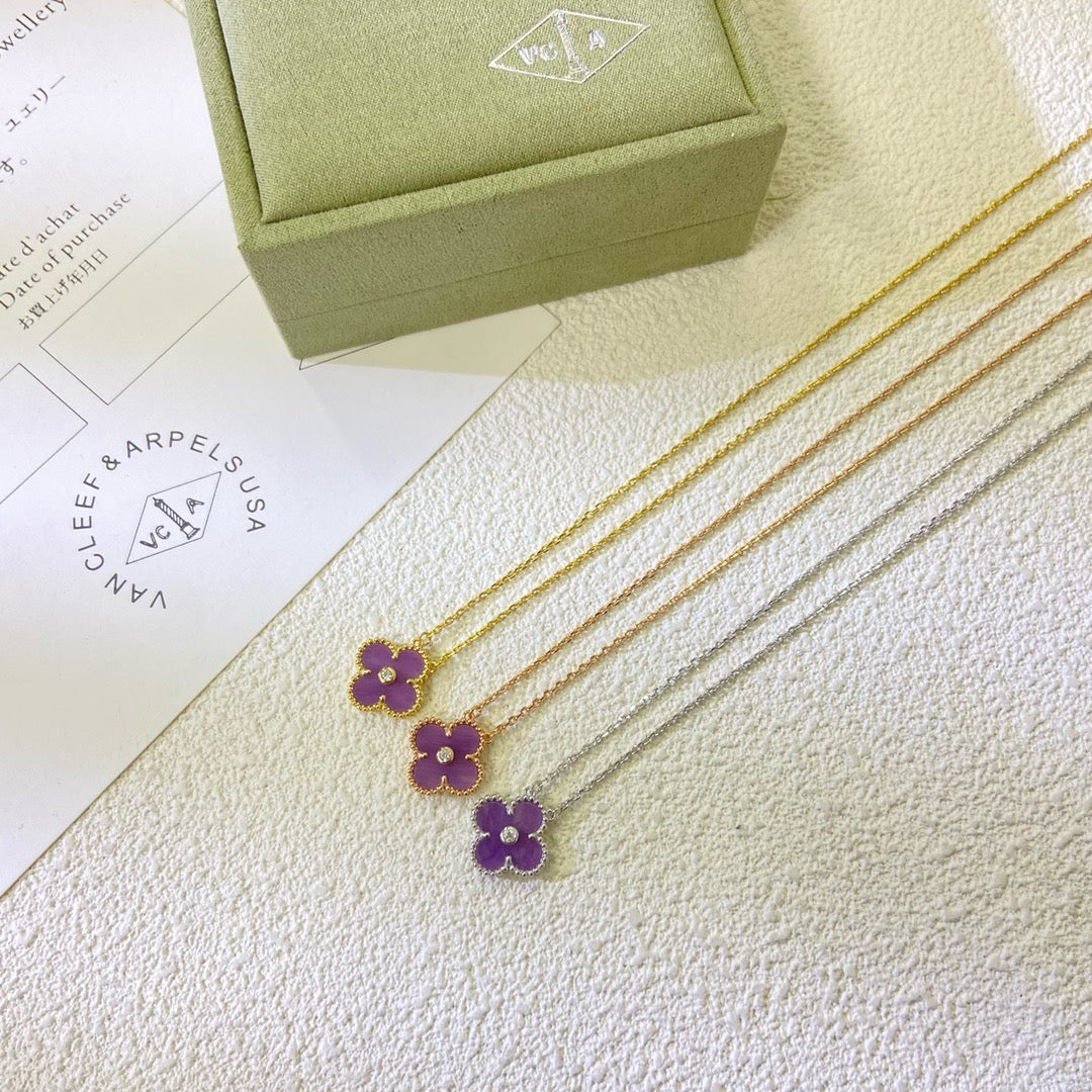 [⭐Reverie Jewels Jewelry]CLOVER 15MM DIAMOND  PURPLE VIOLET NECKLACE