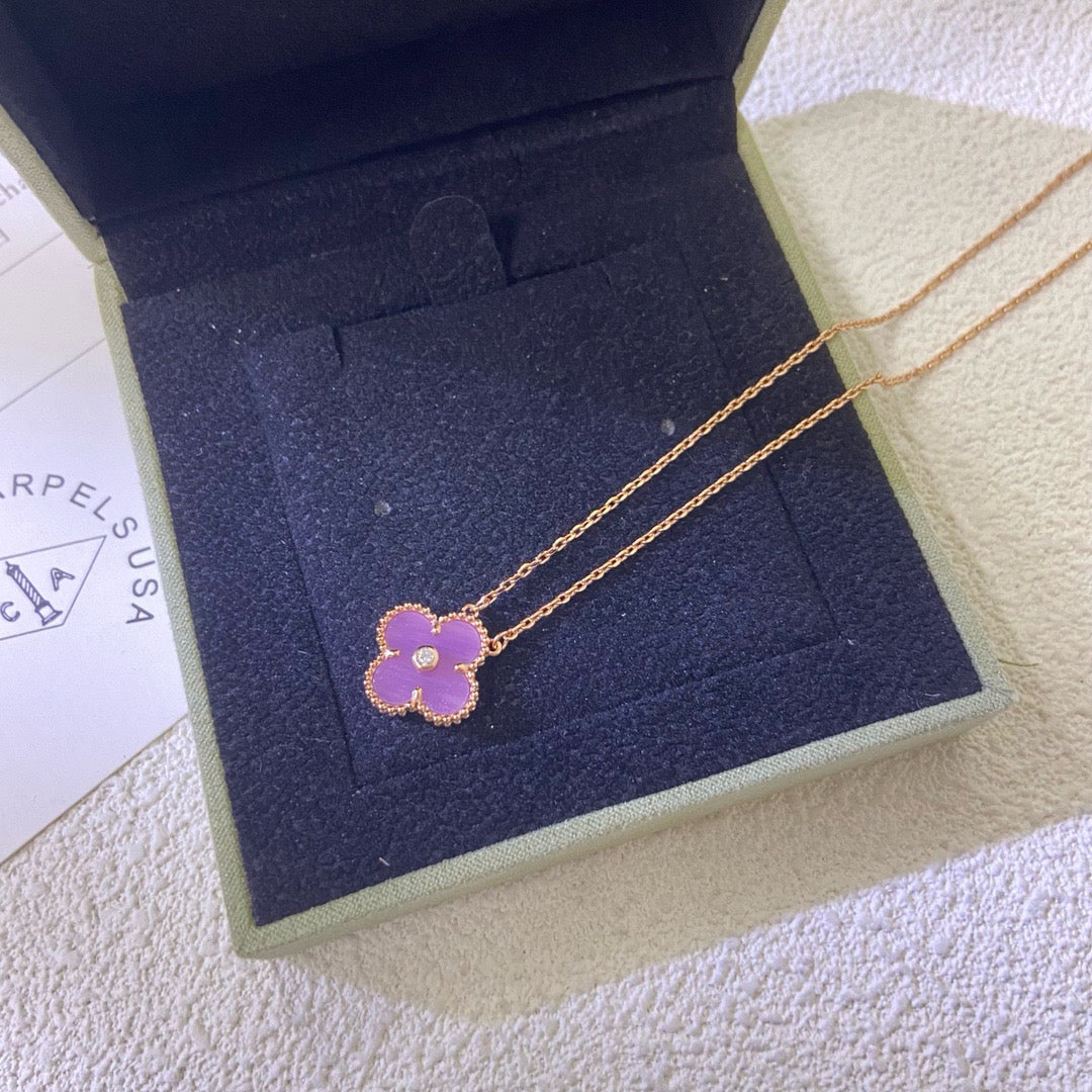 [⭐Reverie Jewels Jewelry]CLOVER 15MM DIAMOND  PURPLE VIOLET NECKLACE