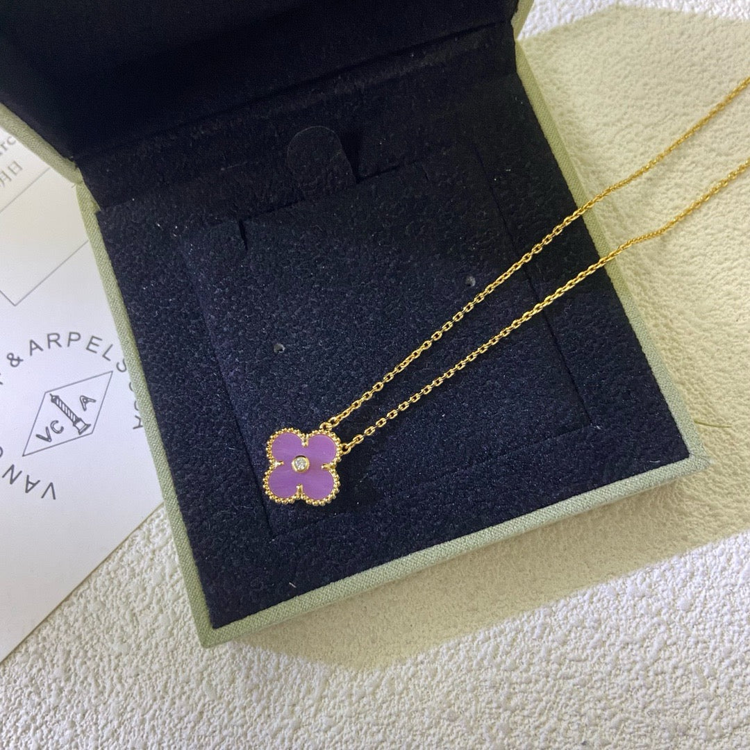 [⭐Reverie Jewels Jewelry]CLOVER 15MM DIAMOND  PURPLE VIOLET NECKLACE