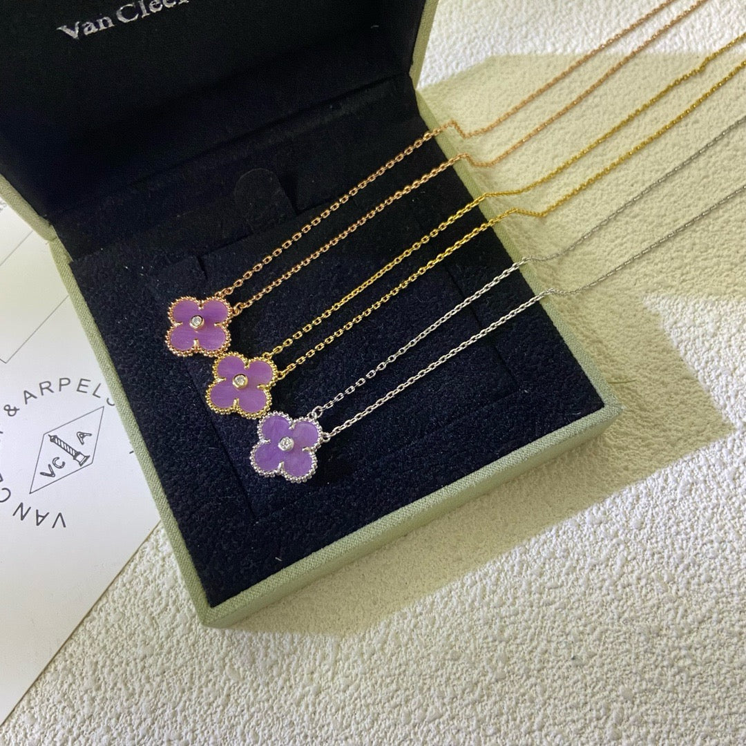 [⭐Reverie Jewels Jewelry]CLOVER 15MM DIAMOND  PURPLE VIOLET NECKLACE
