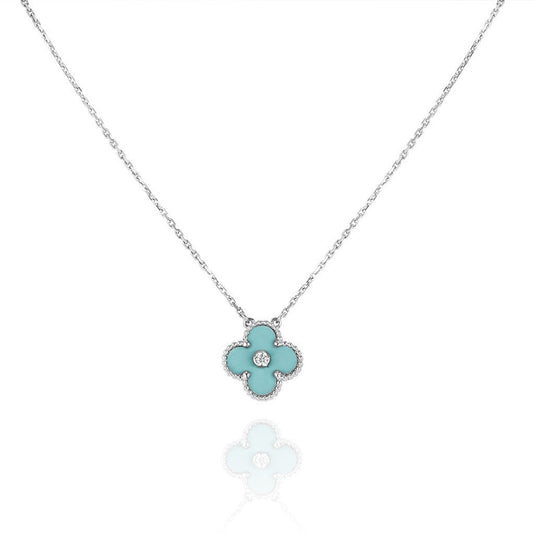 [⭐Reverie Jewels]CLOVER 1 DIAMOND LIGHT BLUE SILVER NECKLACE