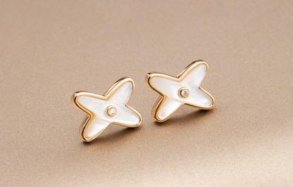 [⭐Reverie Jewels]JEUX DE WHITE MOP PINK GOLD DIAMOND EARRINGS