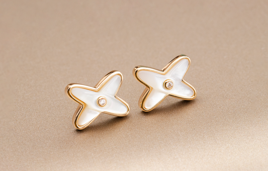 [⭐Reverie Jewels]JEUX DE WHITE MOP PINK GOLD DIAMOND EARRINGS