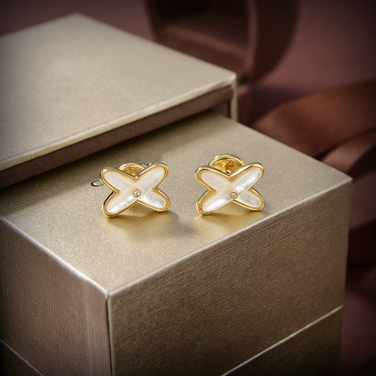 [⭐Reverie Jewels]JEUX DE WHITE MOP GOLD DIAMOND EARRINGS