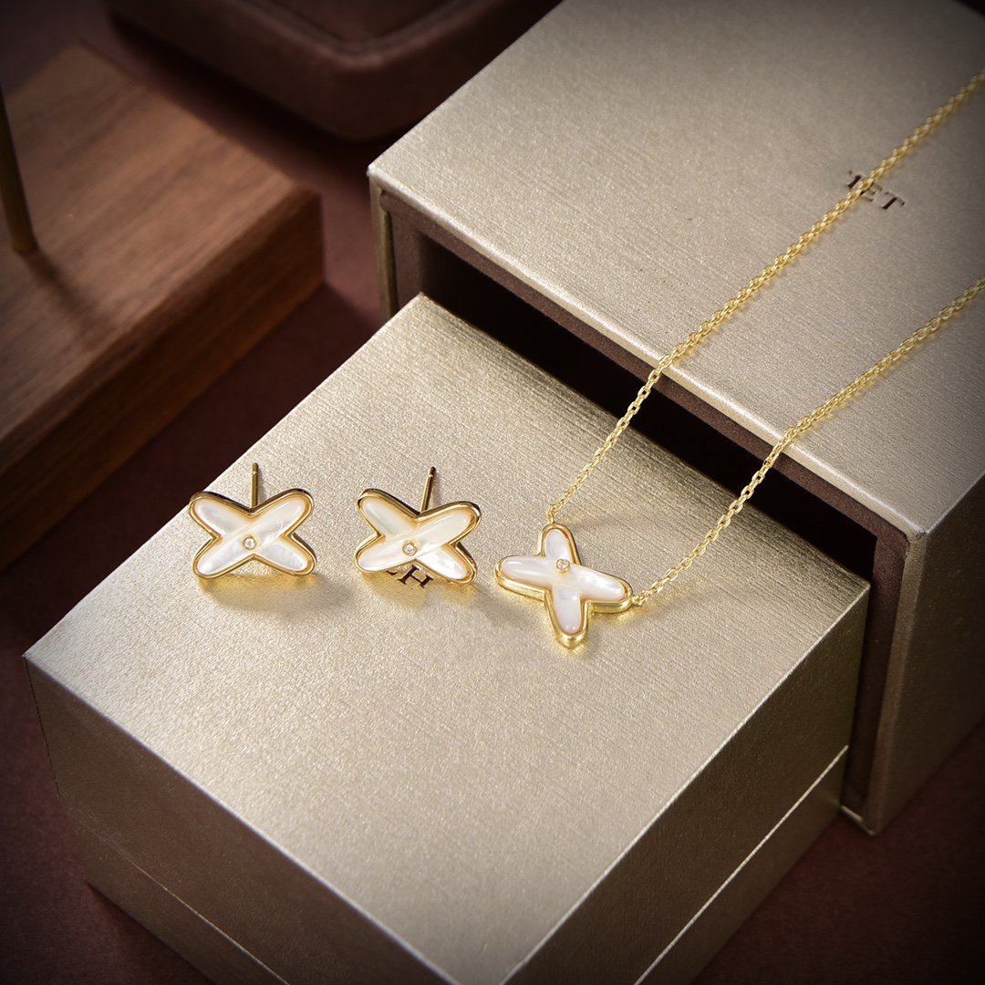 [⭐Reverie Jewels]JEUX DE WHITE MOP GOLD DIAMOND EARRINGS
