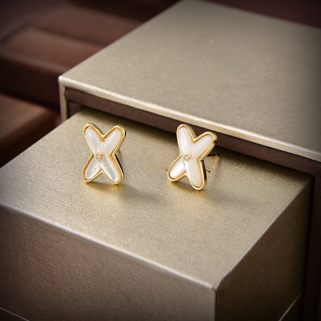[⭐Reverie Jewels]JEUX DE WHITE MOP GOLD DIAMOND EARRINGS