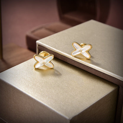 [⭐Reverie Jewels]JEUX DE WHITE MOP GOLD DIAMOND EARRINGS