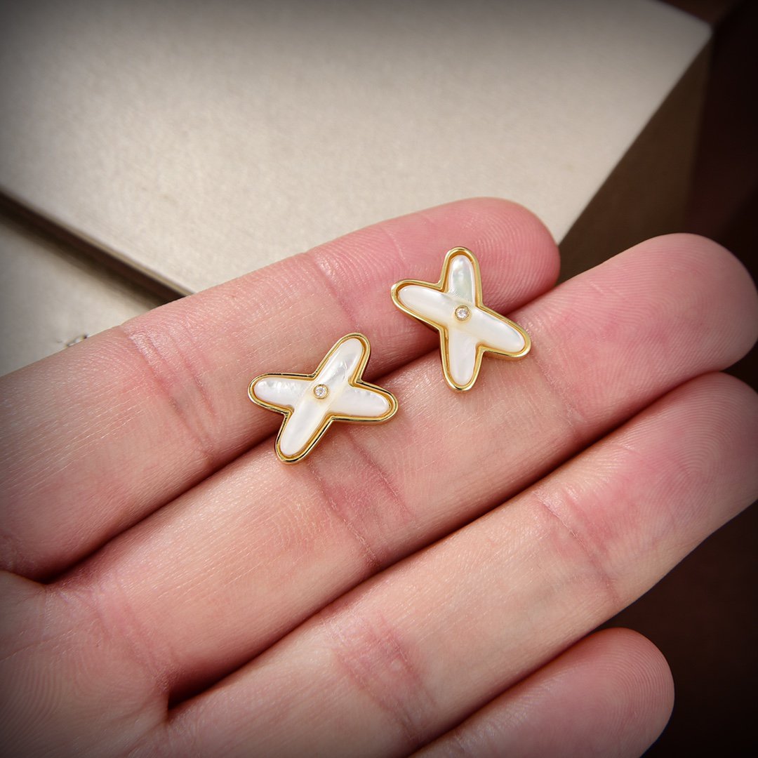 [⭐Reverie Jewels]JEUX DE WHITE MOP GOLD DIAMOND EARRINGS