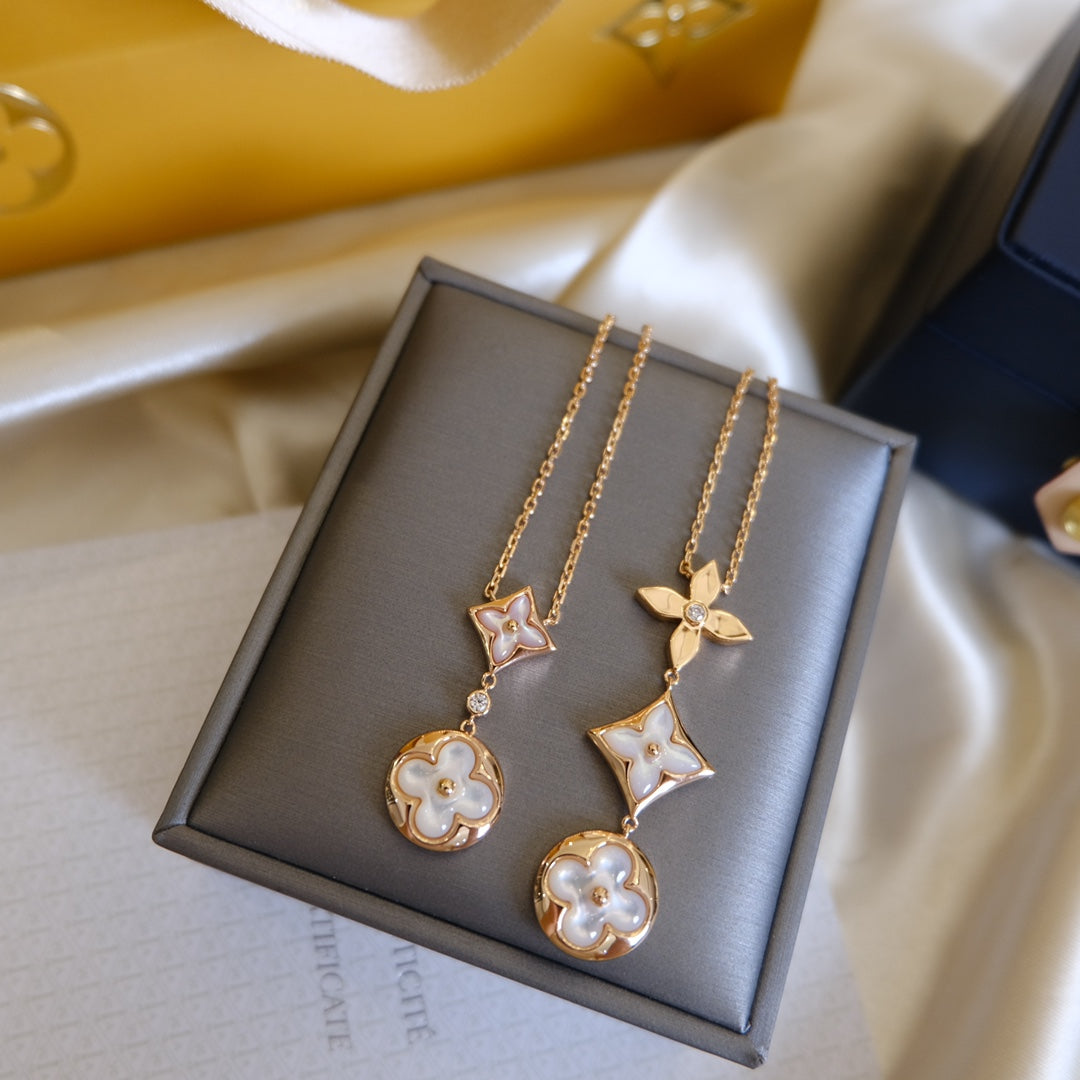 [⭐Reverie Jewels]COLOR BLOSSOM LARIAT NECKLACE PINK GOLD WHITE MOTHER PEARL AND DIAMOND