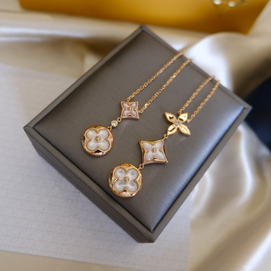 [⭐Reverie Jewels]COLOR BLOSSOM LARIAT NECKLACE PINK GOLD WHITE MOTHER PEARL AND DIAMOND
