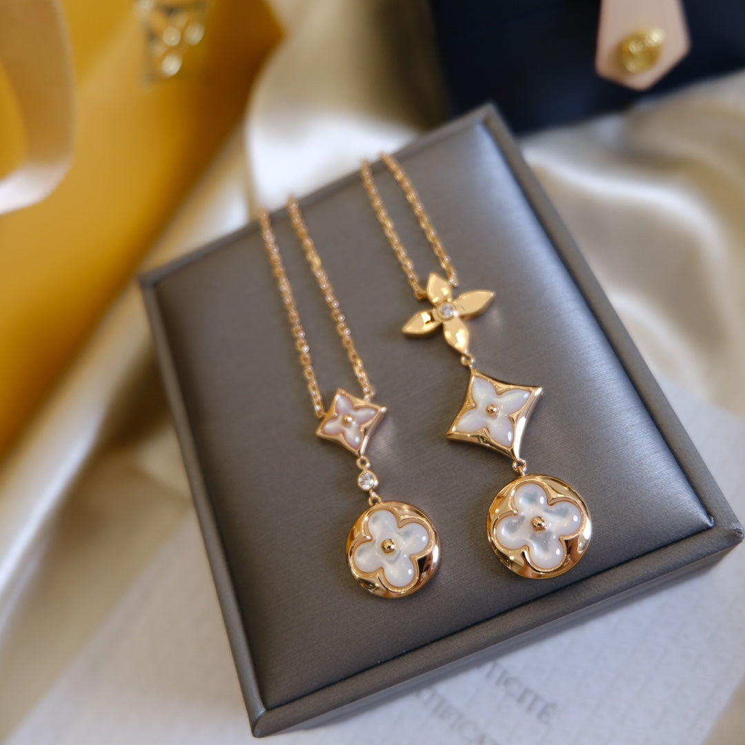 [⭐Reverie Jewels]COLOR BLOSSOM LARIAT NECKLACE PINK GOLD WHITE MOTHER PEARL AND DIAMOND