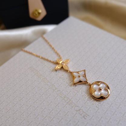 [⭐Reverie Jewels]COLOR BLOSSOM LARIAT NECKLACE PINK GOLD WHITE MOTHER PEARL AND DIAMOND