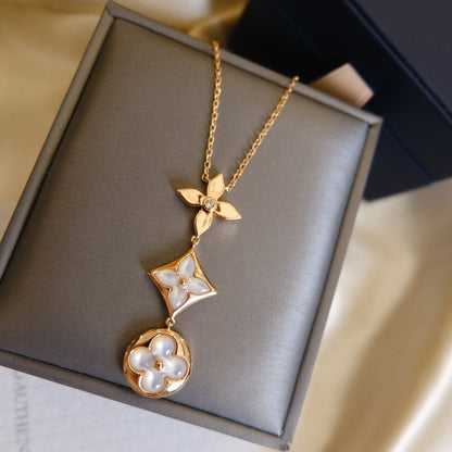 [⭐Reverie Jewels]COLOR BLOSSOM LARIAT NECKLACE PINK GOLD WHITE MOTHER PEARL AND DIAMOND