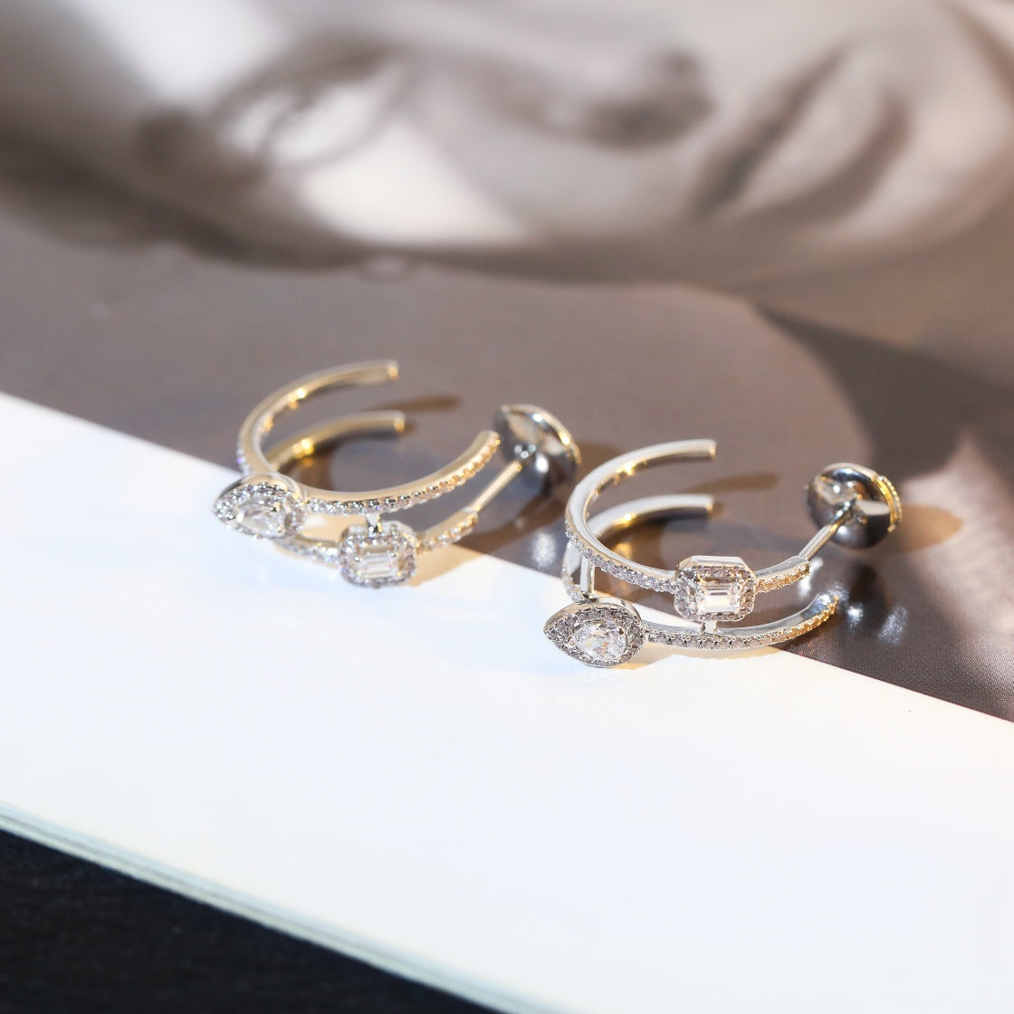 [⭐Reverie Jewels]CREOLES MY TWIN 2 RANGS SILVER DIAMOND EARRINGS