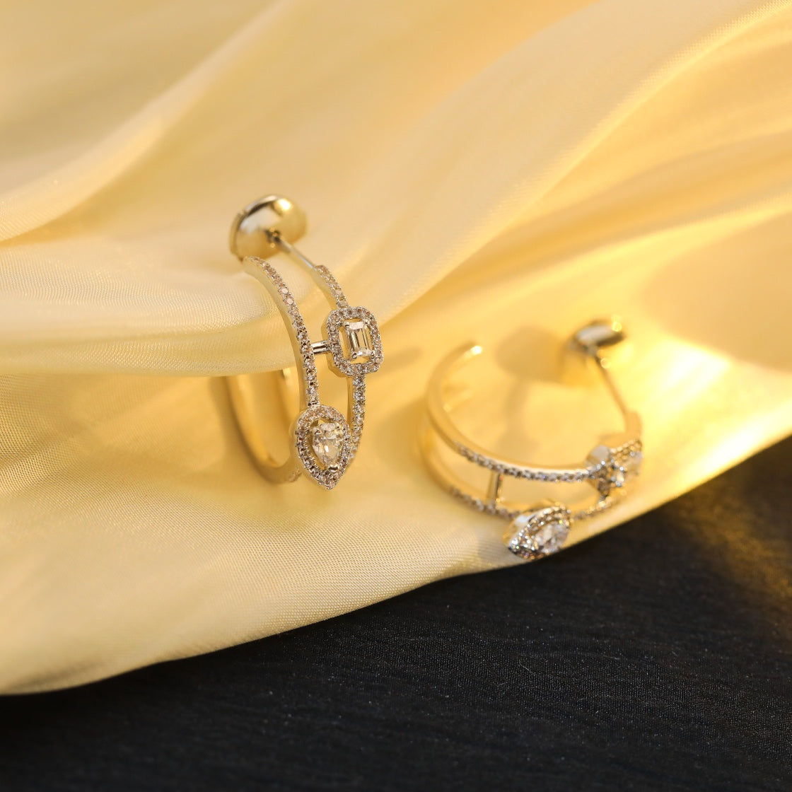 [⭐Reverie Jewels]CREOLES MY TWIN 2 RANGS SILVER DIAMOND EARRINGS