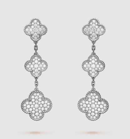 [⭐Reverie Jewels]CLOVER 3 MOTIF DIAMOND SILVER DROP EARRINGS