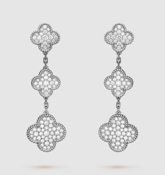 [⭐Reverie Jewels]CLOVER 3 MOTIF DIAMOND SILVER DROP EARRINGS