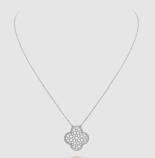[⭐Reverie Jewels]CLOVER 25MM LARGE PENDANT DIAMOND PAVED SILVER NECKLACE
