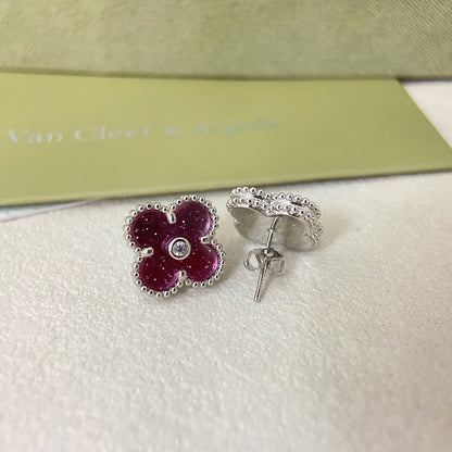 [⭐Reverie Jewels]2026 NEW  CLOVER 1 MOTIFPINK ENAMEL STUD EARRINGS WITH DIAMONDS