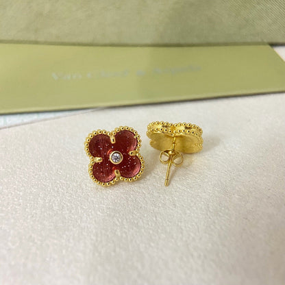 [⭐Reverie Jewels]2026 NEW  CLOVER 1 MOTIFPINK ENAMEL STUD EARRINGS WITH DIAMONDS