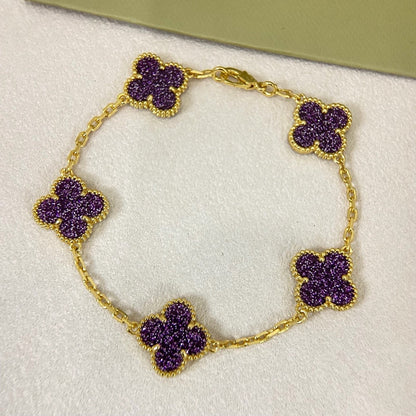 [⭐Reverie Jewels]NEW PURPLE SAND-GOLD FOUR-LEAF CLOVER 5-FLOWER BRACELET