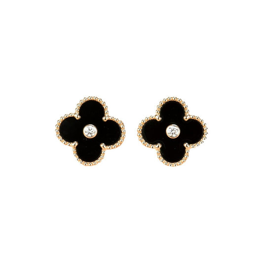 [⭐Reverie Jewels]CLOVER MEDIUM 1 MOTIFS ONYX DIAMOND EARRINGS