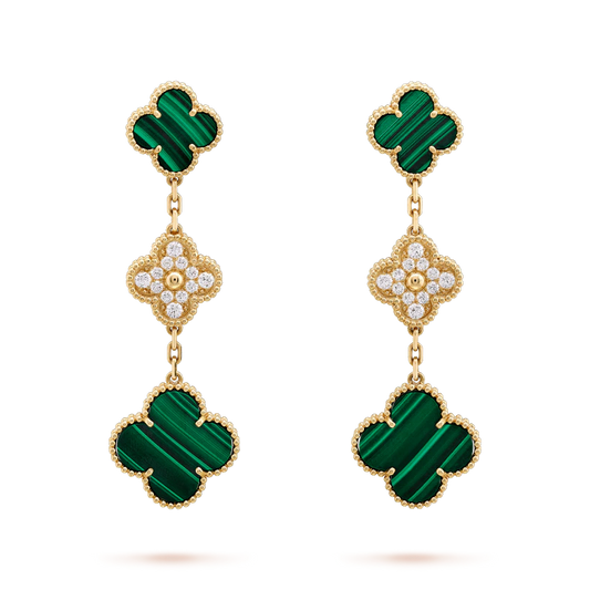 [⭐Reverie Jewels]CLOVER EARRINGS GOLD MALACHITE DIAMOND 3 MOTIF